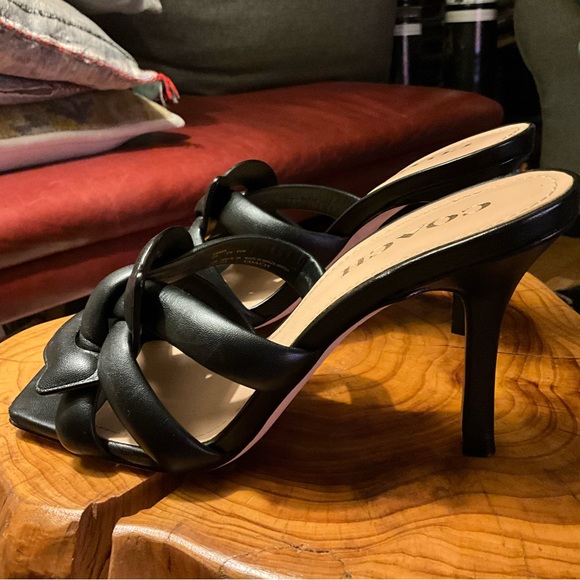 Coach Kellie black stiletto slip on square toe sandals with woven C 8.5 $190 - Picture 7 of 12